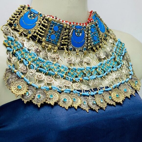 Turquoise Choker Necklace, Tribal Kuchi Afghan Choker With Turquoise Glass Stone - Picture 2 of 12